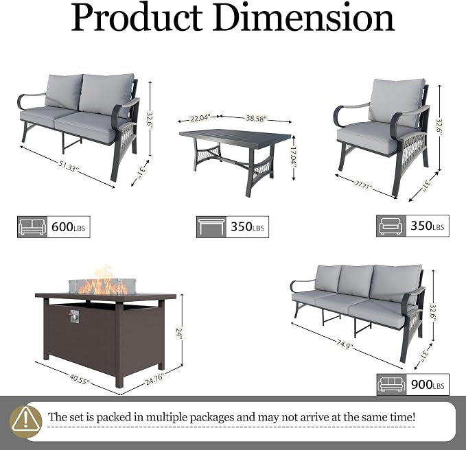 6-Piece Outdoor Furniture Set, Patio Conversation Set Include 3-Seater Sofa Single Chairs Loveseat Couch with Coffee Table and Fire Pit Table for Deck, Porch (Gray Cushions)