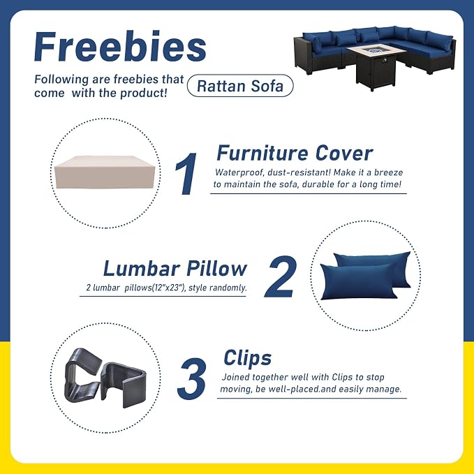 Lviden 7 Pieces Outdoor PE Wicker Furniture Set Patio Rattan Sectional Conversation Sofa Set with Non-Slip Cushions and Fire Pit Table, Navy Blue