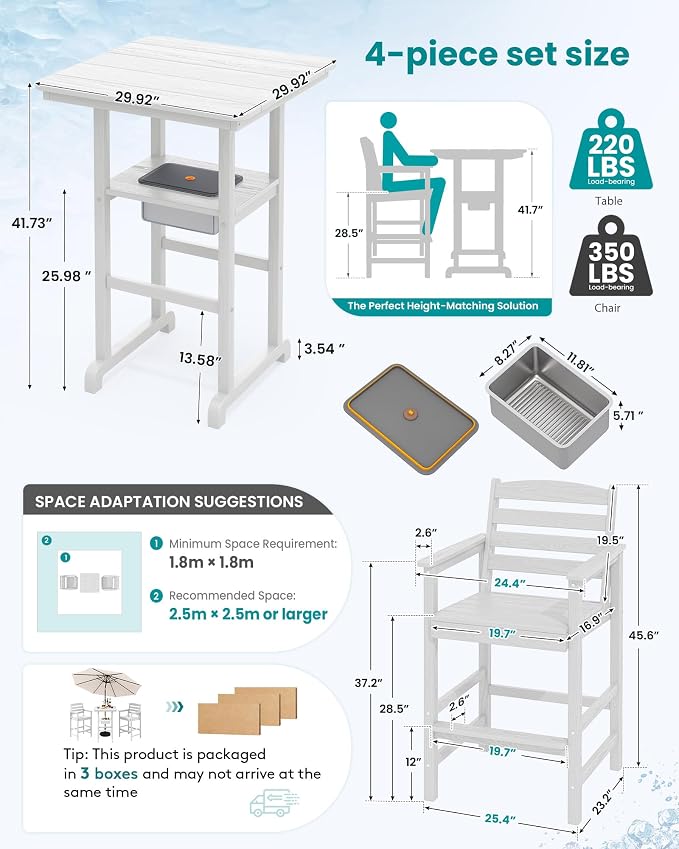 SERWALL Adirondack Bar Chairs and Table 3 Pieces Set with Umbrella, HDPE Bar Height Chairs Set of 2 and Bar Table with Ice Bucket, Outdoor Bar Stools Set for Balcony, Poolside, Backyard, White