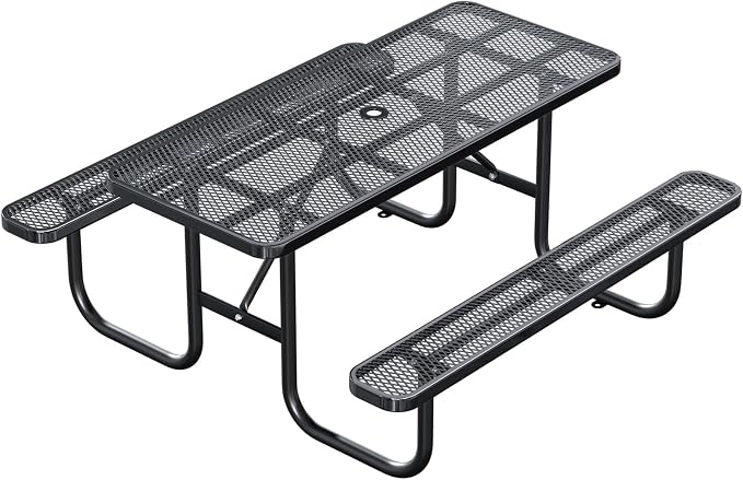 6FT Rectangular Outdoor Picnic Table with Attached Benches, Heavy-Duty Expanded Metal Mesh Patio Table, Commercial-Grade Outdoor Seating for Park, Backyard, Deck, Lawn, Black
