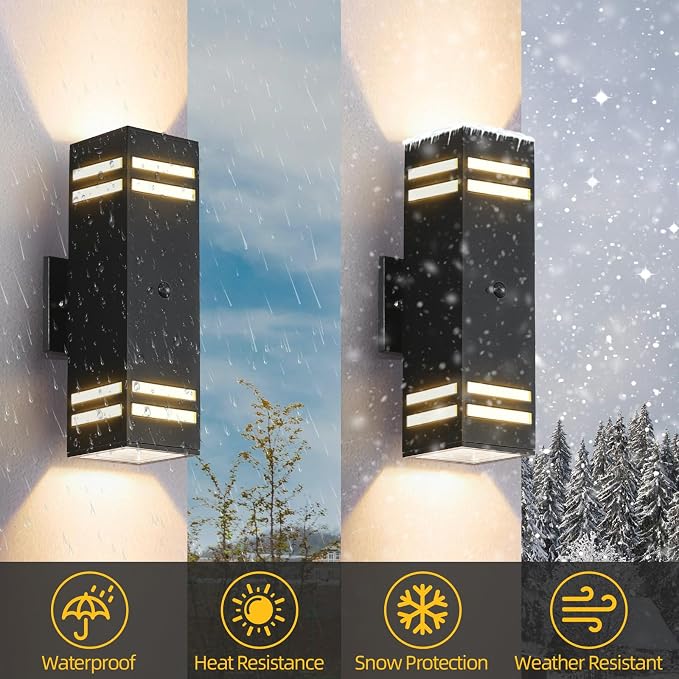 SHIMR Motion Sensor Outdoor Wall Lights, Up and Down Sconce, ETL Listed | Dusk to Dawn Outdoor Lighting, Up and Down, Black Aluminum Exterior Light Fixture for Porch Garage Patio, LED Bulbs Included