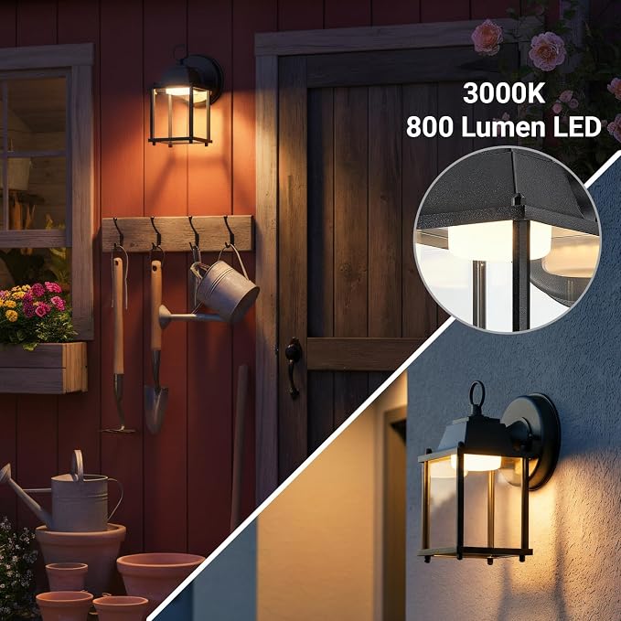 Outdoor Wall Light Fixture, Rustproof Aluminum, Clear Glass, LED | Exterior Porch Light Wall Sconce Lantern for House, Patio, Garage, Waterproof Anti-rust, 9.5W 800 Lumen, 3000K, Black, 1 Pack
