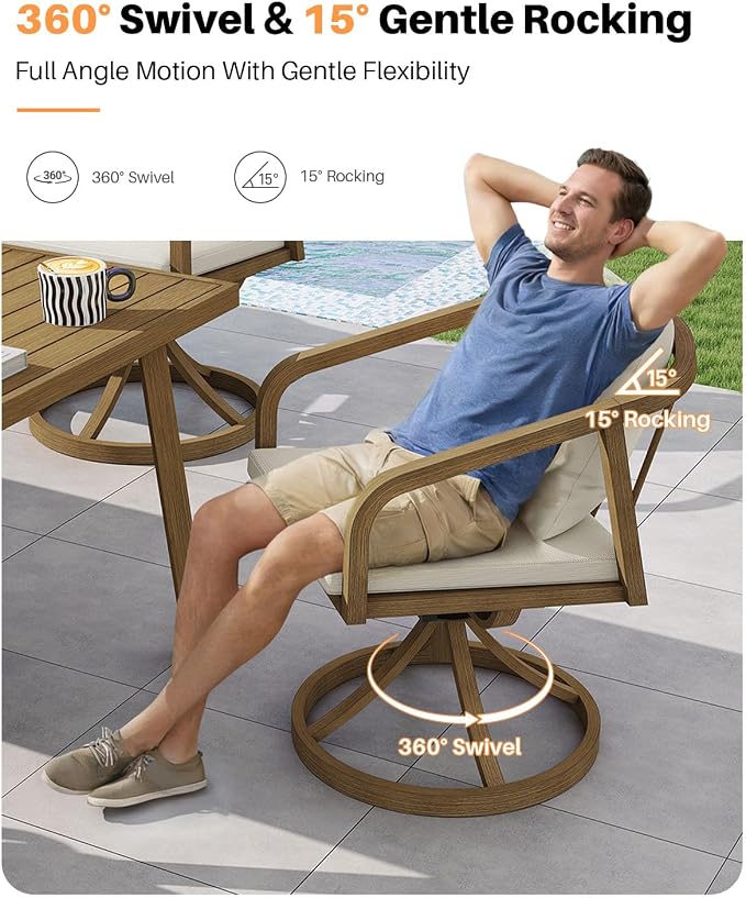 Swivel Outdoor Chairs Set of 2, Patio Dining Chairs with Removable Cushions, Never-Rust Aluminum Outdoor Dining Chairs with Wraparound Backrest and Armrest for Poolside, Deck, Backyard, Teak