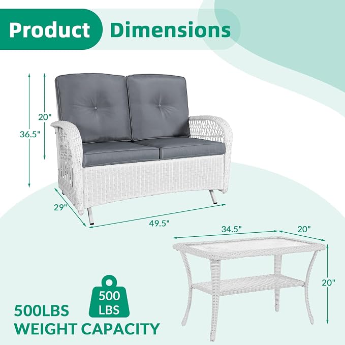 VIVIJASON 2-Piece Patio White Wicker Loveseat Glider Set Cushioned, Outdoor Conversation Furniture Sets with 2-Seater Glider Rocking Bench, Coffee Table and Cushions for Porch Garden Poolside, Grey
