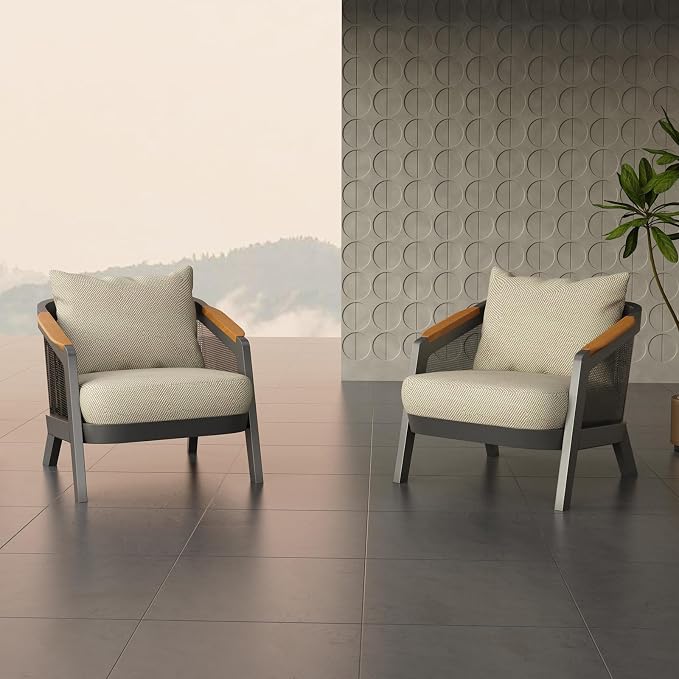 2 Pieces Patio Furniture Set Outdoor Sectional Sofas Patio Couch Aluminum Sofa Set with Thick Cushions & Teak Armrests, Grey