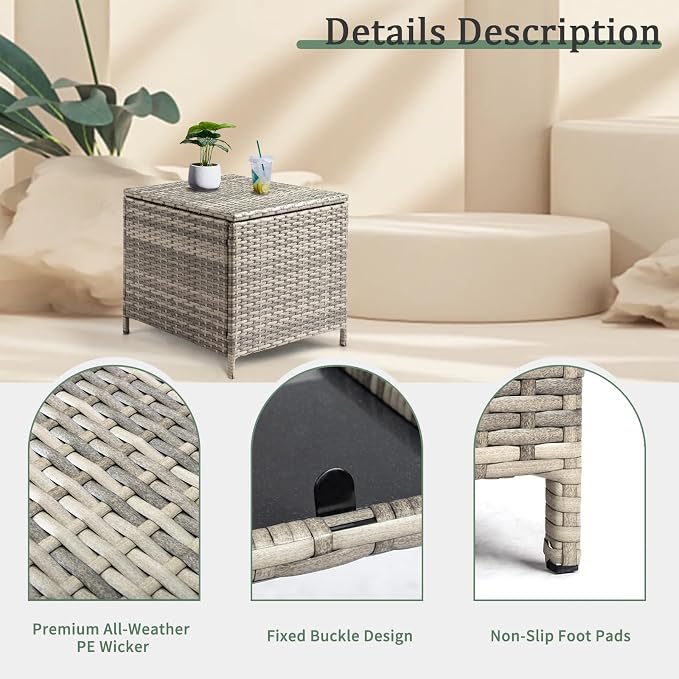Outdoor Wicker Side Table with Lid, All-Weather Rattan Side Table with Storage, 27-Gallon Capacity, Water-Resistant Wicker Patio Table, for Outdoor Patio and Garden, Grey