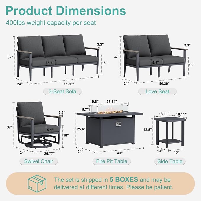 Aluminum Outdoor Patio Furniture Set with Swivel Rocking Chairs 7-Seat, Patio Sectional Sofa Patio Conversation Set with 55,000 BTU Fire Pit Table High Backrest & Thickened Cushions, Dark Grey
