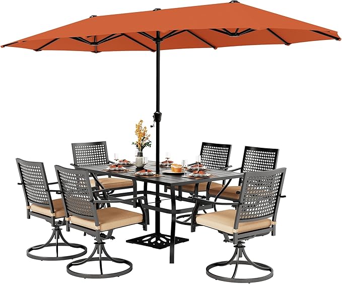 PHI VILLA Outdoor Table Chairs Set for 6, Patio Metal Furniture w/Umbrella | 60" wrought iron rectangle table & swivel chairs w/ cushions. 13ft red umbrella. 7 pcs furniture set for deck, porch