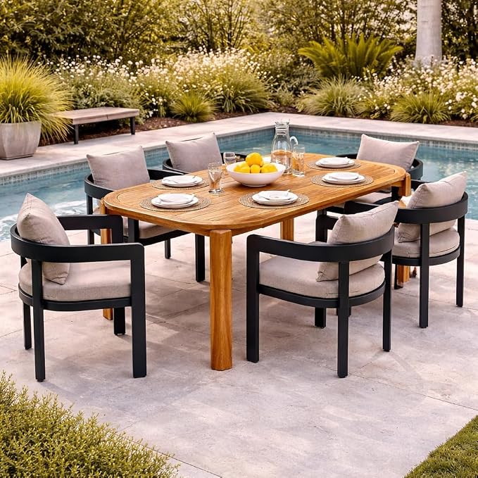 Christopher Knight Home Kaja Acacia Wood Outdoor Dining Set for 6, 7 Piece Patio Dining Table and Chair Set, Aluminum Outdoor Dining Chair and Table Set with Removable Cushion, Teak+Gray+Dark Gray