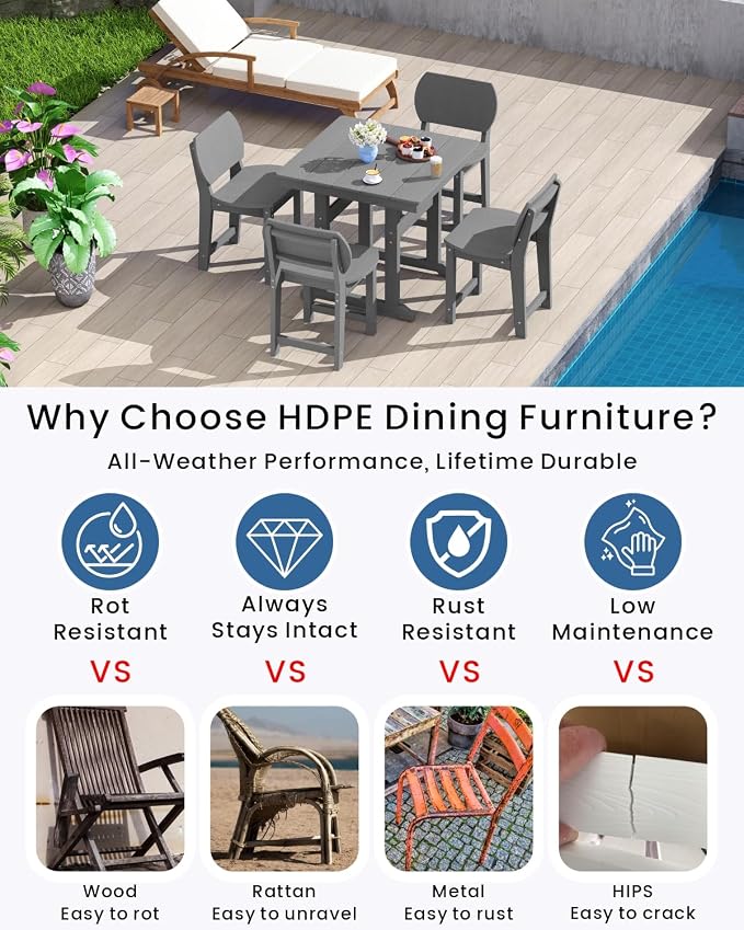5-Piece HDPE Outdoor Dining Set, Weatherproof Patio Table and Chairs Set for 4, Includes 1 Square Table and 6 Armless Chairs, with Umbrella Hole (Grey)