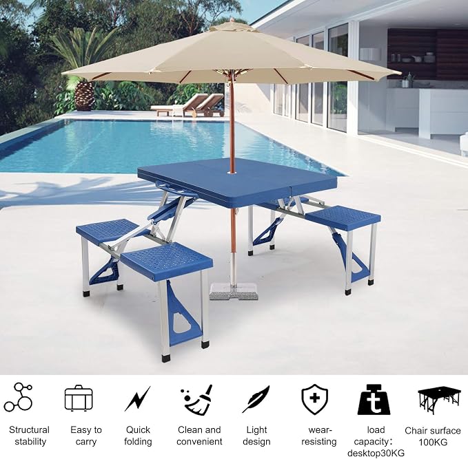 Portable Foldable Camping Picnic Table Set with Four Chairs and Umbrella Hole, 4-Seats Aluminum Fold Up Travel Picnic Table for Indoor, Outdoor Travel, Patio, Lawn, Garden