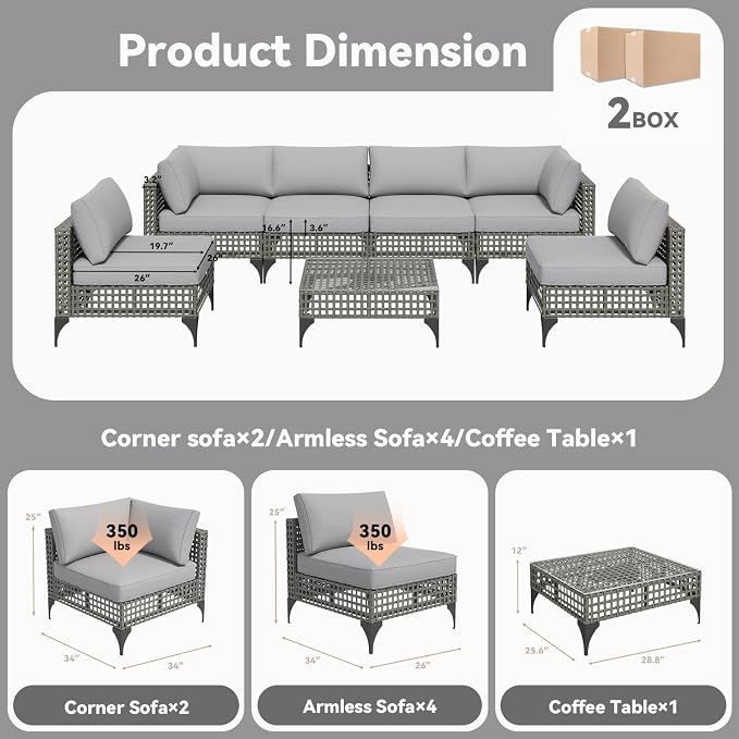 U-MAX 7-Piece Patio Furniture Set with Tea Table, Boho Outdoor Furniture Set Sectional Sofa Wicker Conversation Set Grey Rattan&Light Grey