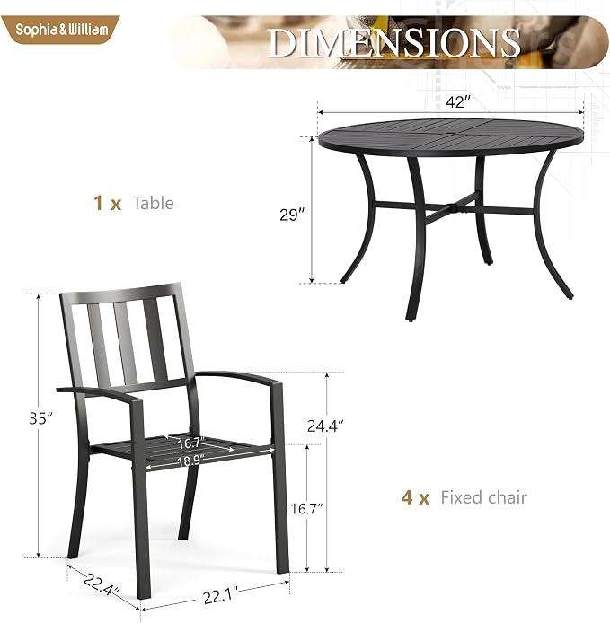 Sophia & William Round Patio Table and Chairs Set, Outdoor Dining Set for 4, 5 Piece Metal Patio Furniture, 42" Black Table(Stripe)