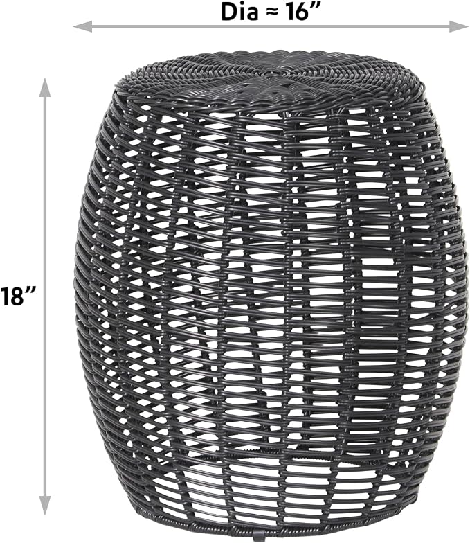 ABBLE Patio Resin Wicker Side Table Barrel End Table Metal Frame Storage Basket Indoor Outdoor Use, Black