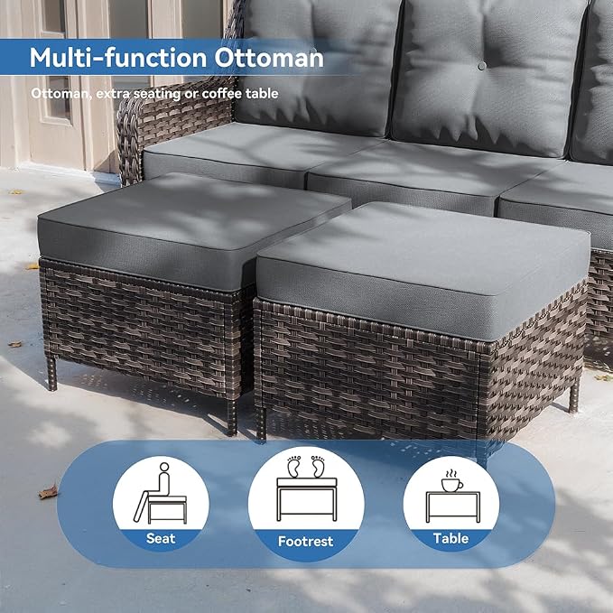 Kurapika 7-Piece Patio Furniture Set, Wicker Thick-Backed Outdoor Swivel Rocking Chair, Includes Coffee Table and Thick Cushions, Conversation Set for Porch,Patio, Gray