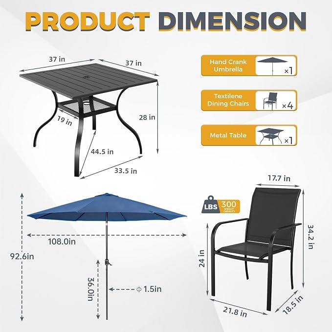 Crownland 5 Piece Patio Dining Set, Textilene Dining Sets, 4 Textilene Metal Chairs and Square Outdoor Dining Table with Dark Blue 9FT Round Outdoor Umbrella (Black)