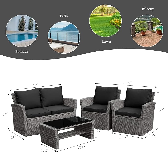 RELAX4LIFE 4 PCS Wicker Patio Furniture Set with Soft Cushions & Tempered Glass Table Outdoor Rattan Sofa Set for Backyard Garden Balcony Poolside Sectional Conversation Couch Set (Black)