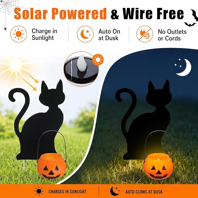 Fumete 4 Sets Halloween Decorations Outdoor Solar Pathway Lights Halloween Black Cats Yard Stakes Pumpkin Solar Candles Wire Free Garden Outdoor Lights for Yard Lawn Pathway Walkway Decorations