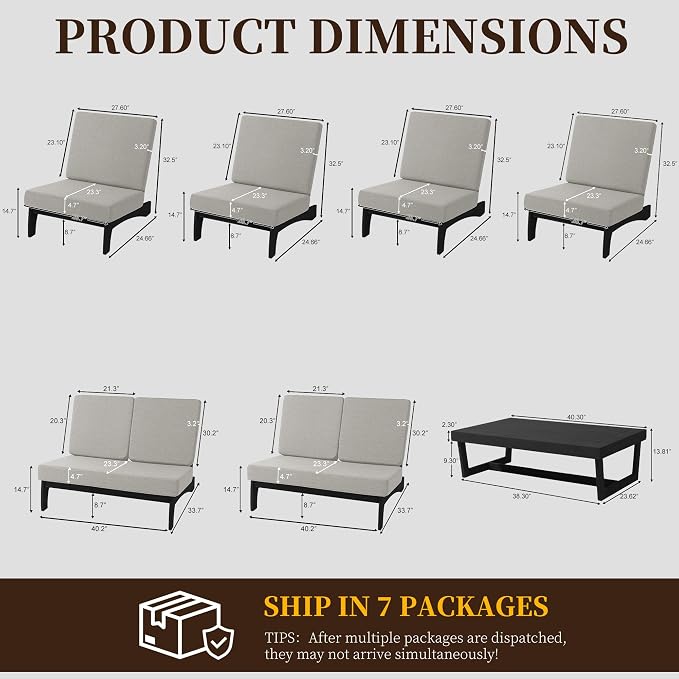 7 Pieces All Weather Black Wood Patio Furniture Sets, 2 Patio Loveseat, 4 Patio Bistro Chair, Outdoor Sectional Sofa Furniture Backyard Conversation Set with Coffee Table - Light Camel
