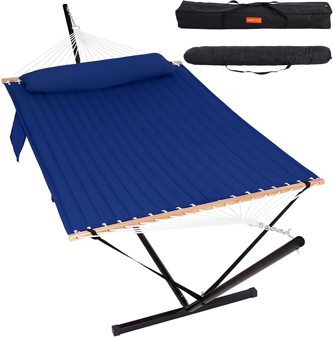Lazy Daze Hammocks 2 Person Portable Hammock with 12FT Stand for Outside, 10.5FT Quilted Double Hammock with Spreader Bar and Detachable Pillow, 450lbs Capacity for Outdoor Patio, Navy Blue