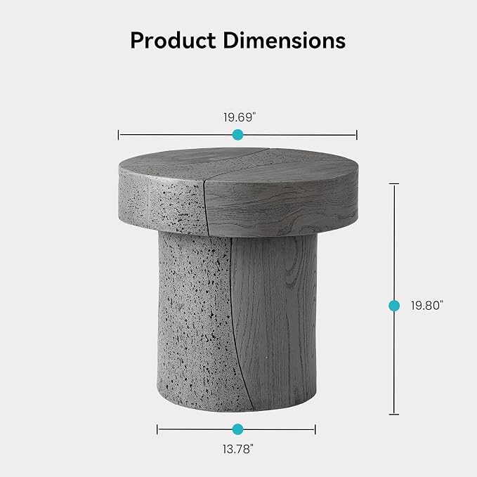 COSIEST MgO Concrete Round Side Table, 19.8 Inch Outdoor Patio End Accent Table Modern Coffee Table for Garden Balcony Backyard, Gray, 1 Pack
