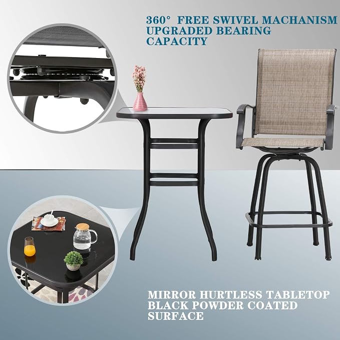 Festival Depot 40" Bar Height Outdoor Patio Bistro Table Metal Square Side Table Tempered Glass Top All Weather (31.5"x 31.5"x 41.2"H)