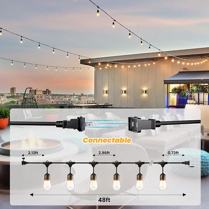 Svater 48 FT Outdoor String Lights 2W, Commercial Grade Patio Light with 15 pc Edison Shatterproof Bulbs, IP65 Waterproof LED Hanging Lighting for Bistro Cafe Market Outside Backyard, Warm White 2700K | Outside Patio Light with Shatterproof Antique Edi...