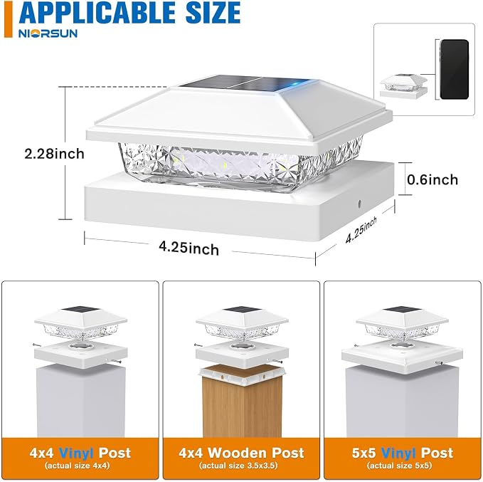 Solar Post Cap Lights,4x4 Post Solar Lights,Warm White,8 Pack White | Fence Post Solar Lights for 4x4 Post Caps Wood Vinyl &5x5 Vinyl Post,IP64 Waterproof Solar Post Lights Outdoor for Deck