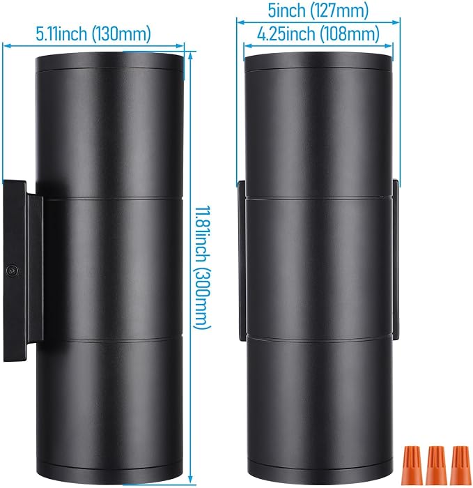 LEONLITE 2-Pack 12 Inch 5CCT LED Cylinder Up Down Wall Light Outdoor | 120-277V, Dimmable, Waterproof, Wall Sconce, Exterior Front Door Porch Light, Aluminum, ETL Listed
