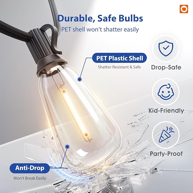 addlon 100FT(50FT*2) Outdoor String Lights ST38 LED with Remote Waterproof | 54 Dimmable Shatterproof Replaceable Bulbs, Connectable Hanging Strand for Porch Backyard Patio Garden Deck Outside, Timer