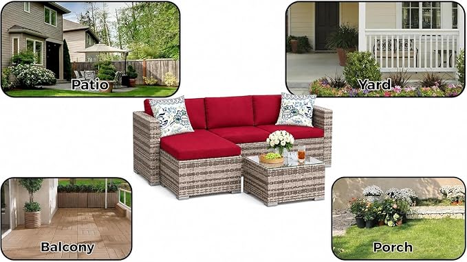 GarveeHome 5 Pieces Patio Sectional Furniture Set, All Weather Wicker Rattan Sectional Sofa, Patio Conversation Set with Cushions and Glass Coffee Table for Backyard Porch Garden Balcony, Red