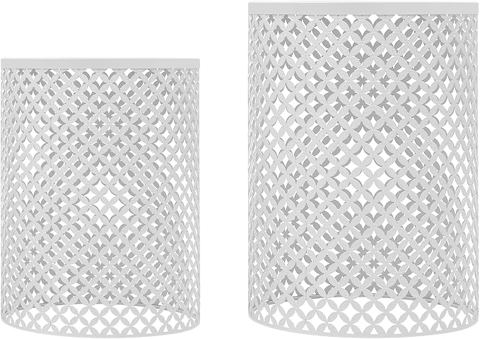 2 Pcs Metal Outdoor Side Table Set, Space-Saving Accent Table with Vintage Openwork Design, Modern Round End Table for Patio, Balcony, Living Room (White)