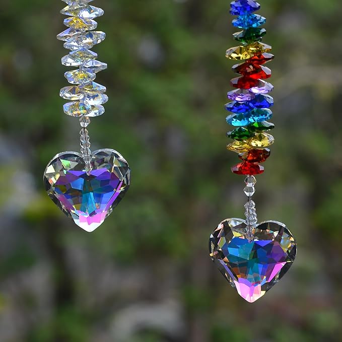 2PCS Heart Crystal Suncatcher Prisms for Windows (Exquisite Heart) | Exquisite, AB Color, Transparent, K9 Glass, Rainbow Maker, with Hooks & Cord