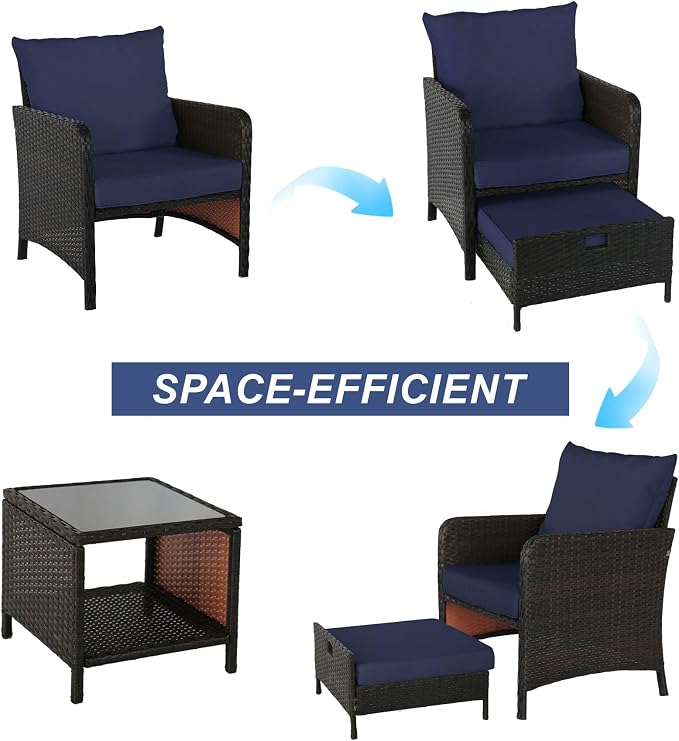 5 Piece PE Wicker Patio Furniture Set, Outdoor Conversation Chairs with Pull Out Hidden Ottoman, Soft Cushions & Glass Coffee Table, Wicker Bistro Set for Porch, Garden, Balcony, Poolside (Blue)
