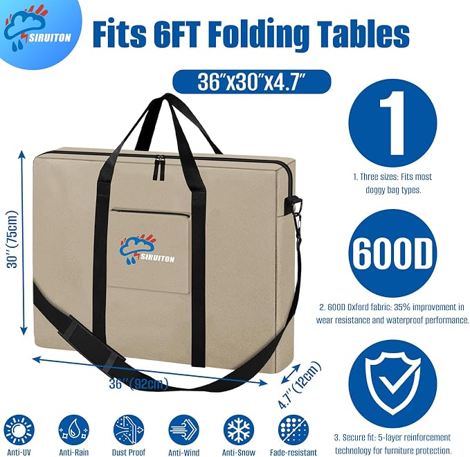 SIRUITON Folding Table Storage Bag, Portable 600D WaterProof Carry Bag for Folding Picnic/Camp Tables with Reinforcing Plate & Shoulder Strap, 36" D x 30" W x4.7 H Fits 6FT Folding Tables