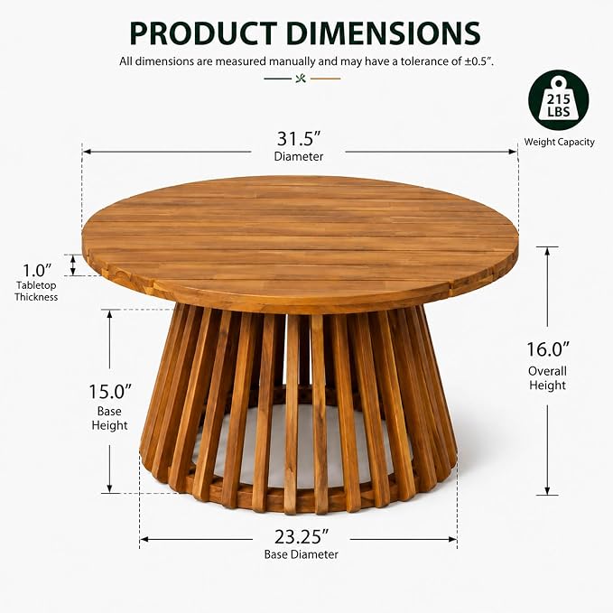 Round Outdoor Coffee Table for Patio, 31.5 Inch Acacia Wood Side Table with Slatted Pedestal Base, Farmhouse Outside Coffee Table for Garden, Balcony, Poolside, Porch, Weather-Resistant, Teak