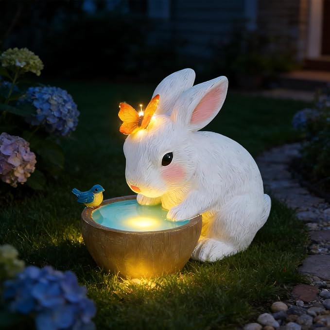 Solar Bunny Garden Outdoor Statues Decor - Birthday Gifts for Mom | Rabbit with Butterfly and LED Lights Garden Decor for Home House, Yard Art Lawn, Ornaments, Porch Patio, Balcony