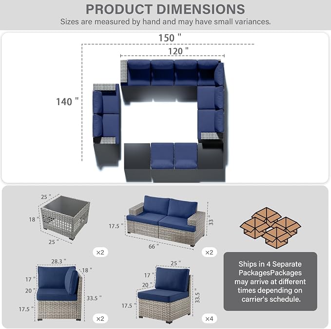 Belord Patio Conversation Set - 10-Seater Modular Wicker Outdoor Sectional Sofa Set, High Back Patio Furniture Sets with Glass Coffee Table for Outdoor Gatherings