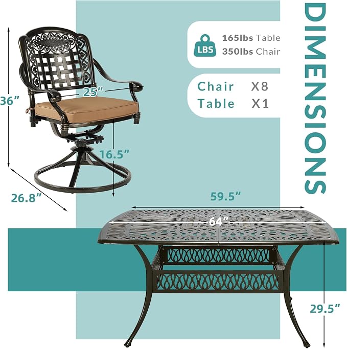 MEETWARM 9-Piece Outdoor Patio Dining Set, All Weather Cast Aluminum Patio Funiture Table and Chairs Set- Large 64" Square Table and 8 Cushioned Swivel Rocker Chairs for Garden, Umbrella Hole, Khaki