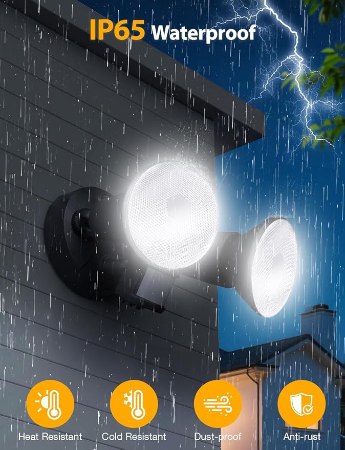 Onforu 2 Pack Motion Sensor Outdoor Lights, Dusk to Dawn Flood Light Fixture, Adjustable Dual PAR38 Heads, Hardwired Floodlight, E26 Base, 300W Max for Garage, Driveway, Yard, Porch, Black