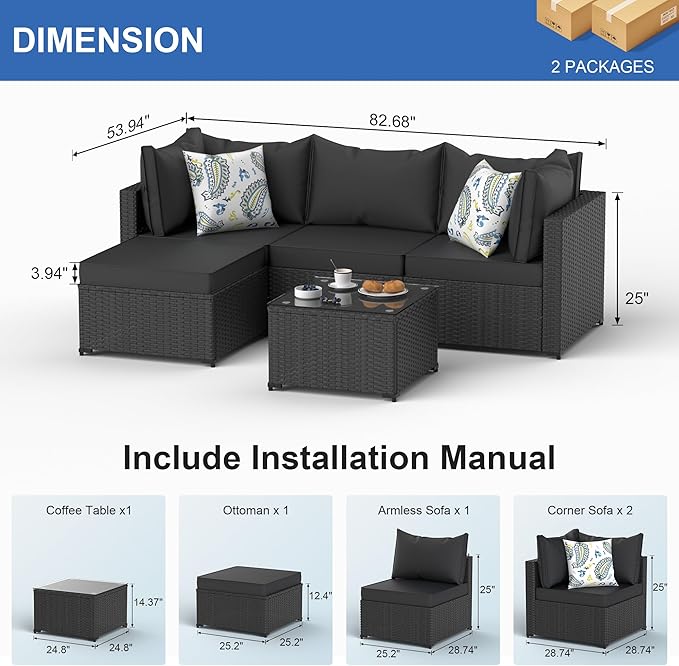 Patio Furniture Set, 6PCS Patio Sectional w/ Fire Pit Tabel Ottoman Wicker Rattan Outdoor Furniture with Thickened Cushion Modular Wicker Patio Conversation Set with Glass Top Table for Balcony(Black)