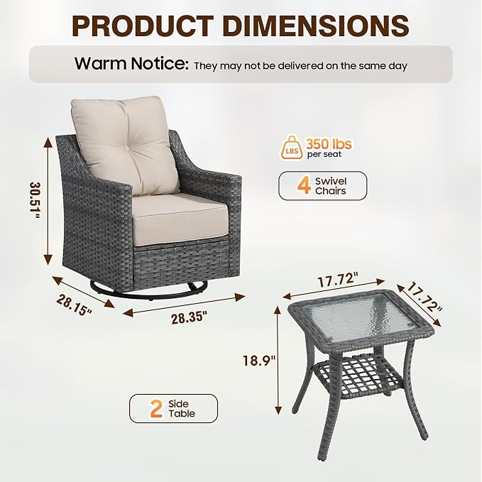 6 Piece Patio Furniture Set, 360°Swivel Glider Patio Chairs Set of 4, Outdoor Side Table Set of 2, Comfortable Seating with Thick Cushions, All-Weather Wicker Patio Set For Porch Deck Balcony Garden