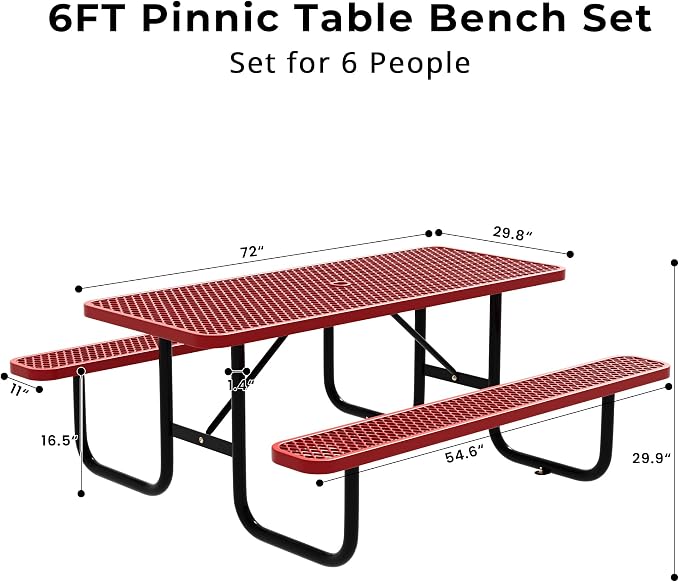 6FT Rectangular Steel Outdoor Picnic Table, Commercial Picnic Table Bench Set with Umbrella Hole, Weather-Resistant Heavy Duty School Dining Table for Stores, Park, Patio, Garden, Backyard, Red