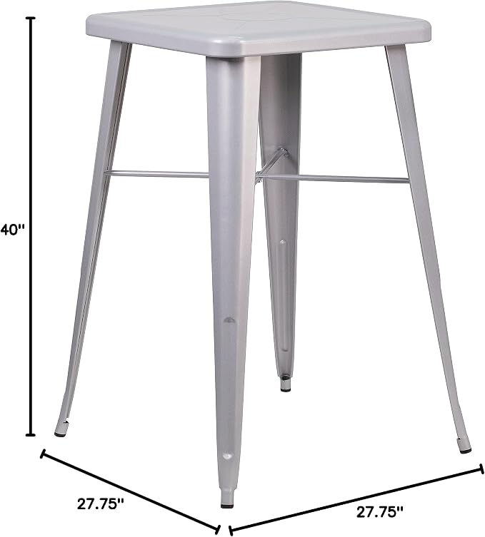 EMMA + OLIVER Commercial Grade 23.75" Square Silver Metal Indoor-Outdoor Bar Height Table
