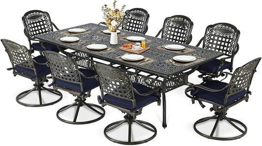 MEETWARM 9-Piece Outdoor Patio Dining Set, All Weather Cast Aluminum Patio Funiture Table and Chairs Set- 94.5” Rectangle Table and 8 Cushioned Swivel Rocker Chairs, Umbrella Hole, Navy Blue