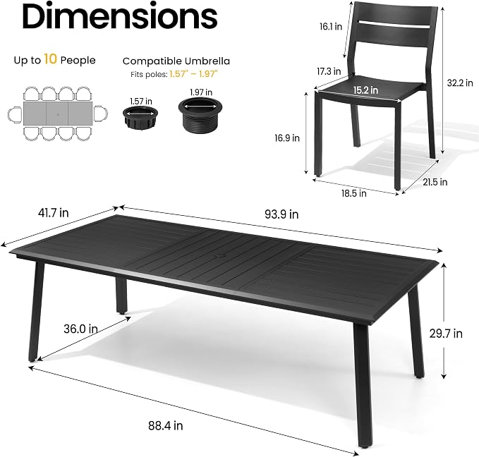 11-Piece Aluminum Outdoor Dining Set with Stackable Armless Chairs | 94" Extra Large Rectangular Patio Table Rust Proof Furniture for Family Gatherings BBQs Parties, Black