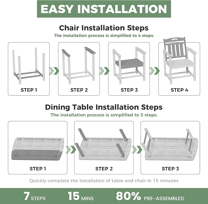 HDPE Outdoor Dining Set, Patio Table and Chairs Set, All-Weather 7-Piece Outside Table and 6 Chairs, 2" Umbrella Hole, Outdoor Furniture for Garden, Poolside, Backyard, Deck | White