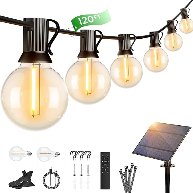 OHLUX 120FT Solar String Lights Outdoor with Remote, Commercial Grade Patio Lights with 52 Shatterproof LED Filament G40 Globe Bulbs, Dimmable Outside Edison Hanging Light for Backyard Party Decor