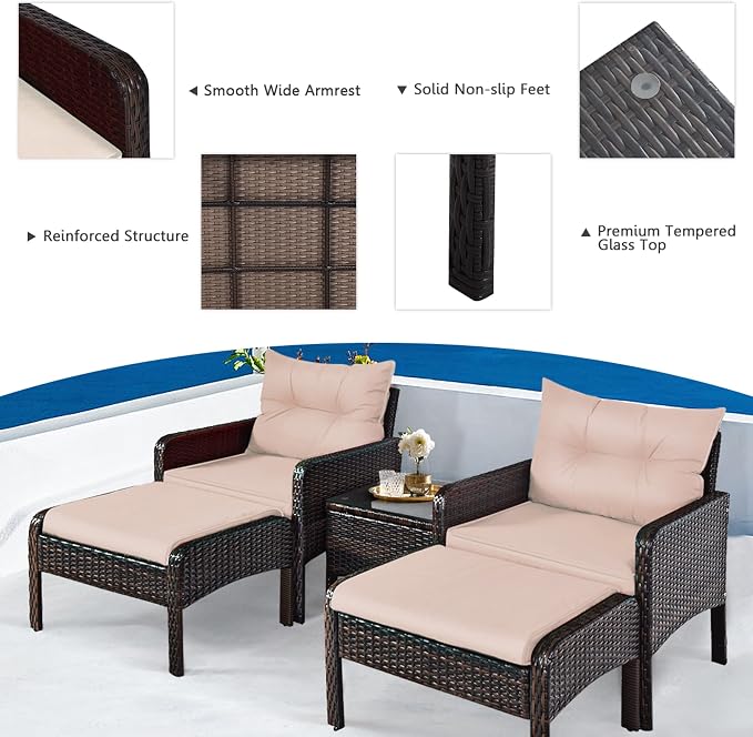DORTALA 5 Pieces Patio Furniture Set, Outdoor Rattan Conversation Set with Cushions, Glass Table, Ottomans & Chairs, Wicker Sofa Set Backyard Porch Garden Balcony, Beige