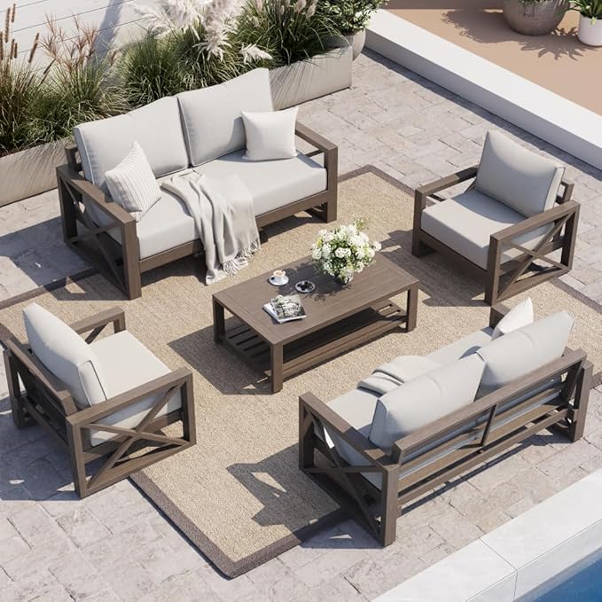 UDPATIO Aluminum Patio Furniture Set, Faux Wood Grain Modern Outdoor Furniture, 6" Cushions Metal Patio Conversation Sofa with Coffee Table for Poolside Deck, 7 PCS, Beige(Include 600D Covers)
